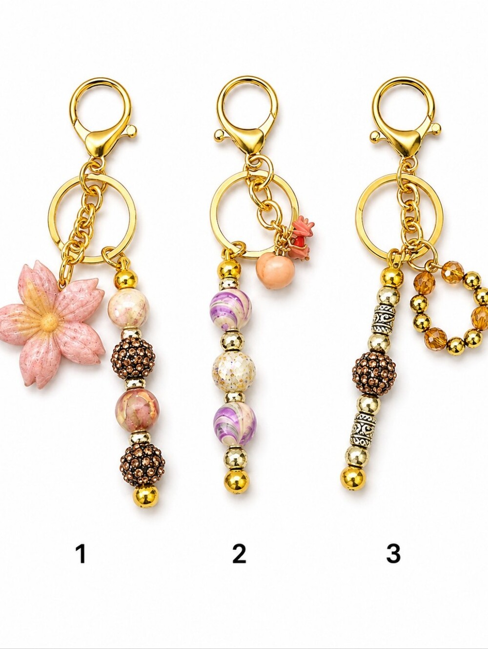 Beaded Floral Purse Charm, Pink and Gold Flower Bag Keychain Accessory Gift